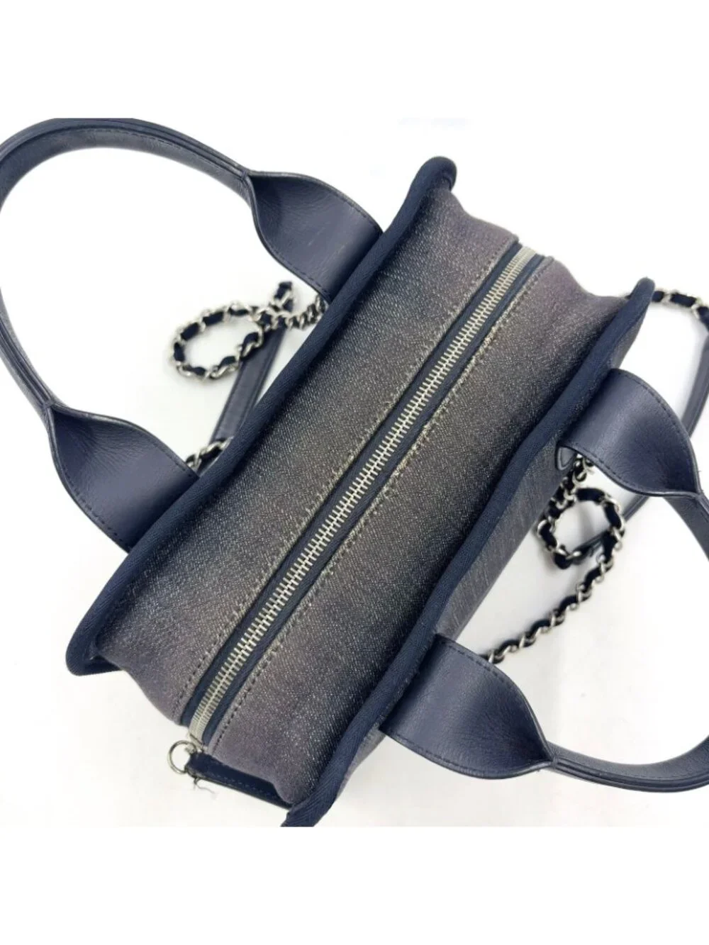 Chanel Deauville Line Bowling 2-Way Leather Denim Navy Blue Handbag Silver